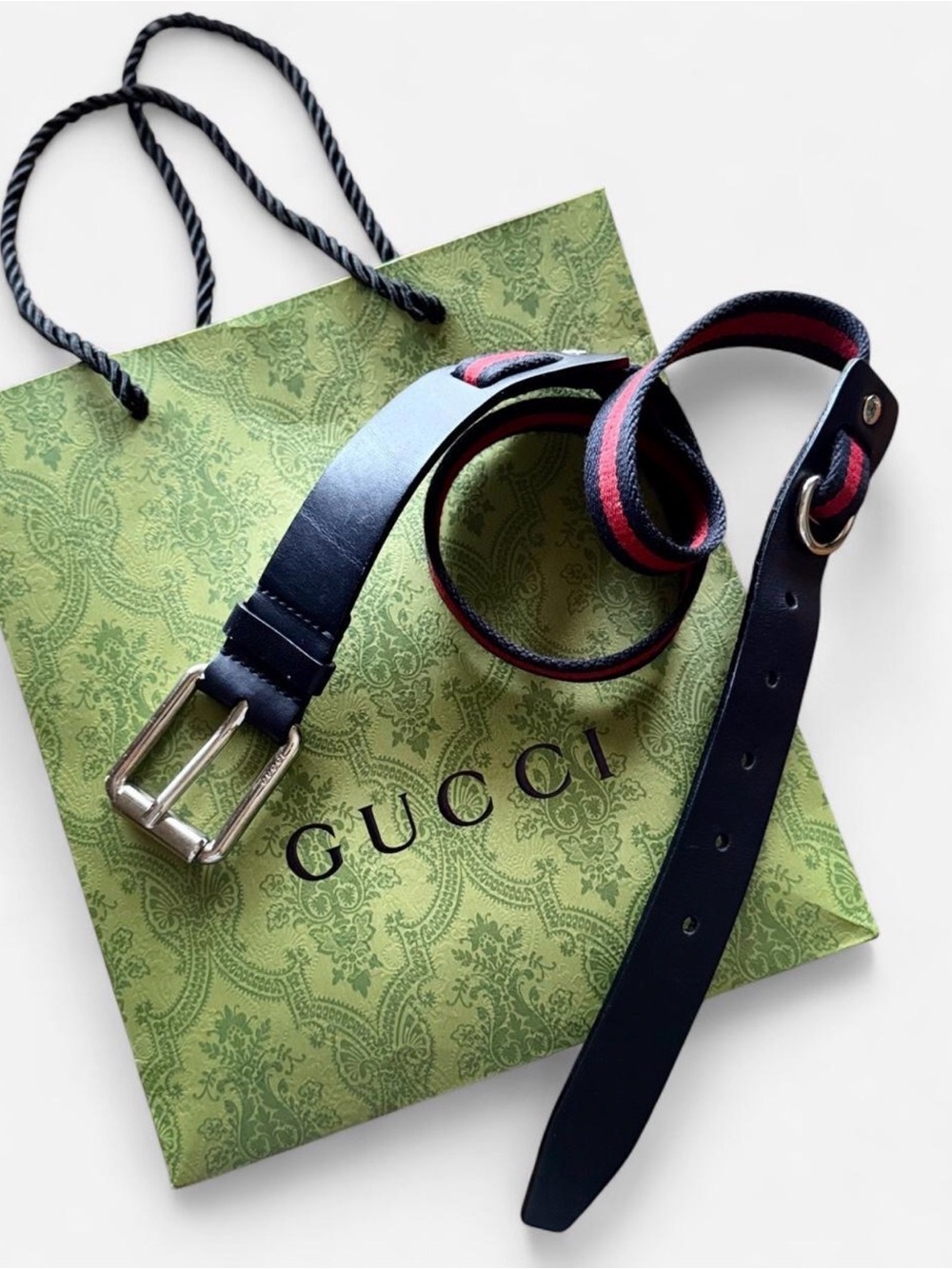 Gucci Black Leather Men's Belt with Red and Blue Web Stripe